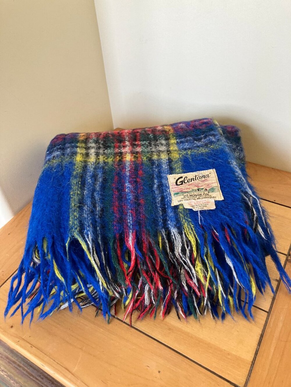 Glentana Mohair Throw Blanket Blue Tartan Plaid Vintage Made in Scotland 50x74"